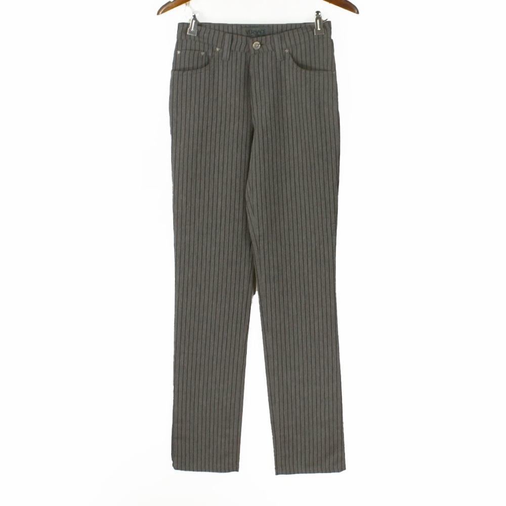 Vintage 90s Versace Jeans Couture Grey Black Pinstripe Trouser Pants